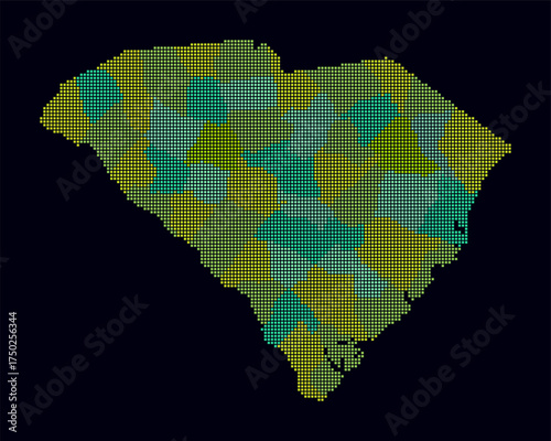 South Carolina dotted map. Digital style map of the state on dark background. South Carolina shape with square dots. Colored dots style. Small size squares. Abstract vector illustration.