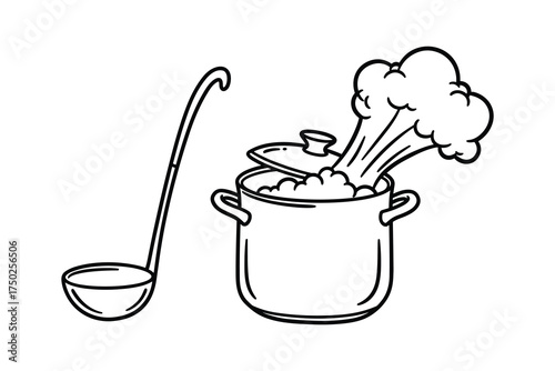 Cooking Utensils Pot With Steam And Ladle Kitchen Objects, line art vector