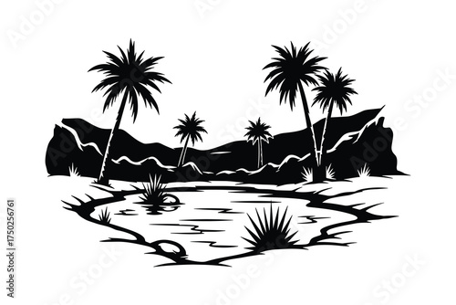 Desert Oasis with Palm Trees and Water Black Silhouette