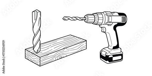 Drill Tool Wooden Block Auger Bit Outline Sketch