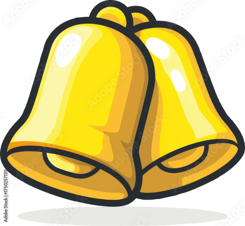 
A cartoon-style icon of two golden bells, vector illustration with bold outlines and flat colors on a white background.