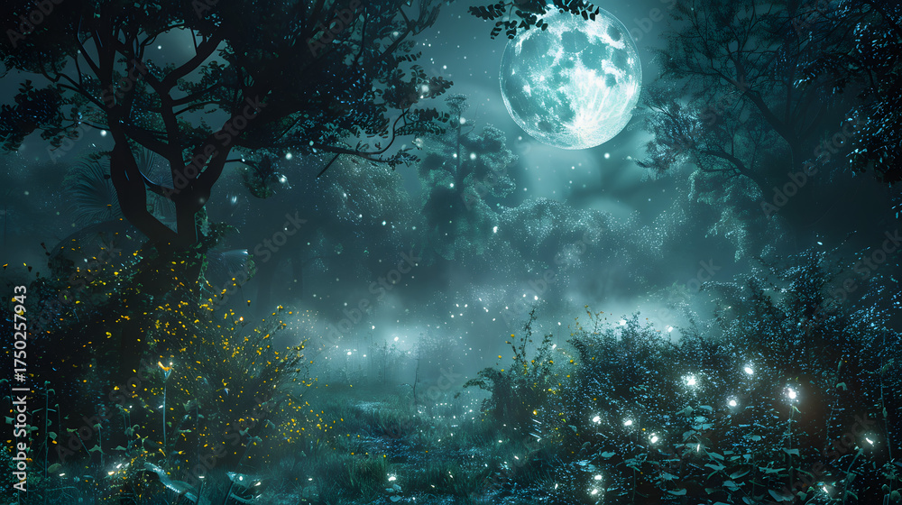 Obraz premium Fantasy Night Forest Illuminated By full moon
