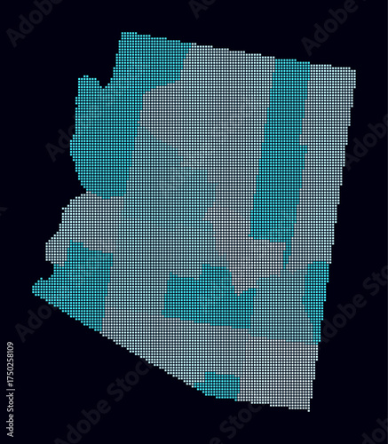Arizona dotted map. Digital style map of the state on dark background. Arizona shape with square dots. Colored dots style. Small size squares. Trending vector illustration.