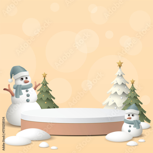 Rounded podium with 3D miniature model of snowman, decorated Christmas trees and snowdrift on square background graphic illustration have blank space.
