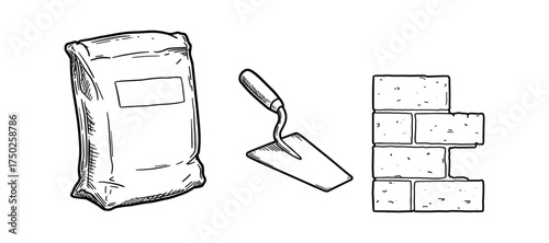 Masonry Essentials Building Materials and Tools on White Background