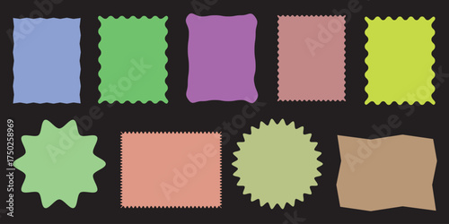Set of Rectangle frames zigzag edge with doodle curvy squiggly wavy, zigzag frame, zigzag edge stickers. Wave scalloped edge border in flat retro style. Vector illustration