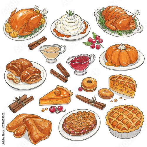 Hand Drawn Thanksgiving Feast Collection with Turkey, Pie and Dessert Illustration