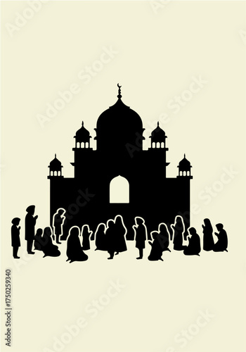 People silhouettes gathering before a grand mosque or mausoleum silhouette.