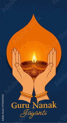 Devotional hands holding a lit diya lamp for the Guru Nanak Jayanti festival celebration.