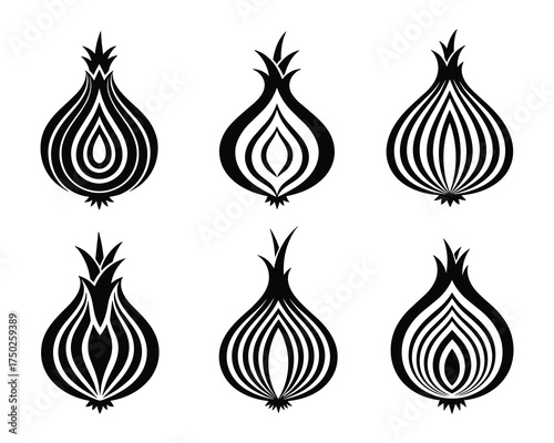 Onion Half Outline Icons Set Isolated White Background