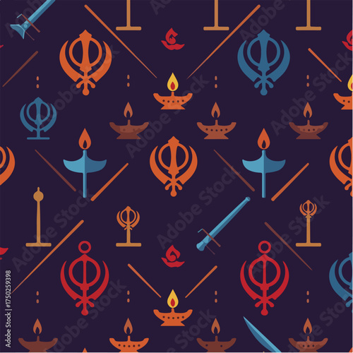 Repeating Pattern of Sikh Symbols and Religious Emblems.