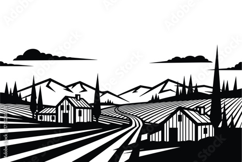 Rural Landscape with Farmhouses and Fields Black and White Scene