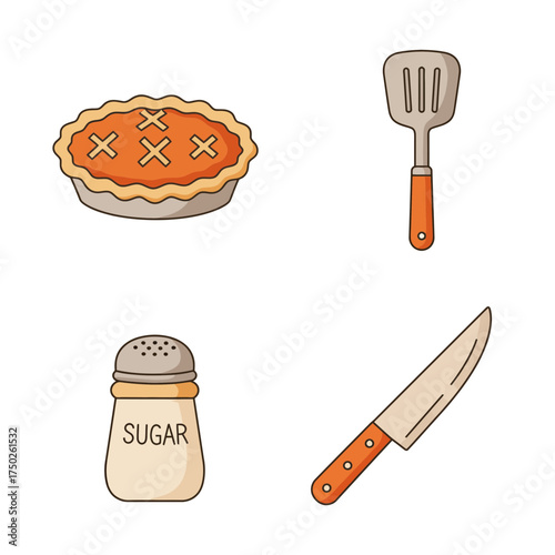 Pumpkin pie, kitchen spatula and pie tools illustration symbolizing autumn dessert baking and Thanksgiving sweets