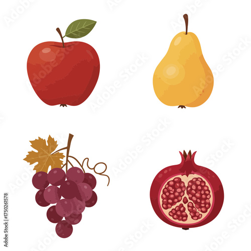 Red apple, pear, grapes and pomegranate fruits symbolizing fall harvest freshness and Thanksgiving abundance