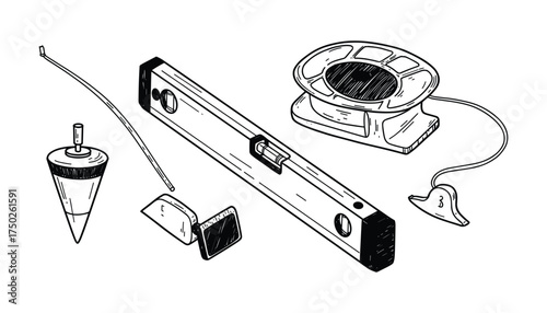 Surveying Tools Plumb Bob Level Chalk Line Hand Drawn Art