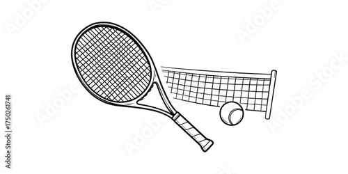Tennis Racket Ball Net Outline Drawing Sport Equipment