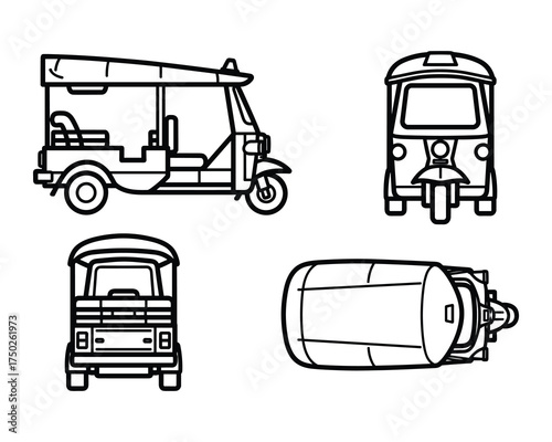 Tuk Tuk Thai Auto Rickshaw Vehicle Different Views Vector Set