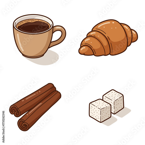 Coffee cup and croissant breakfast morning routine flat lay