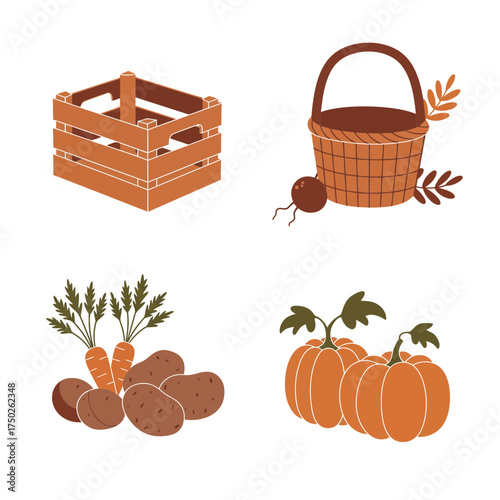 Wooden crate basket with pumpkin and autumn harvest vegetables