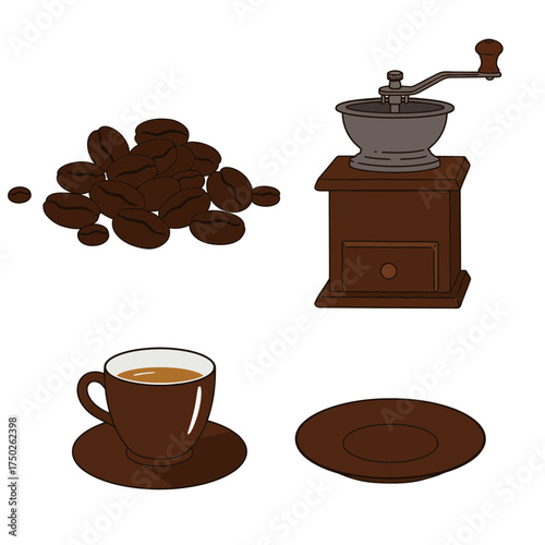 Coffee grinder, beans and mug minimalist barista flat lay