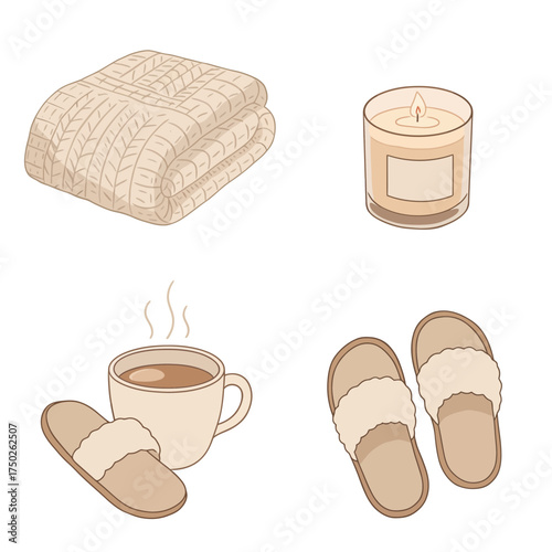 Knitted blanket, slippers and hot drink cozy evening essentials