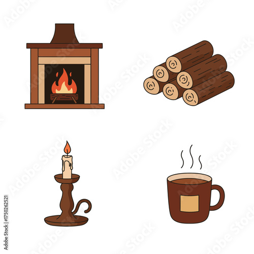 Fireplace with firewood and candlelight hygge winter comfort design