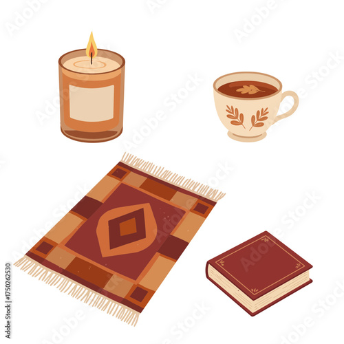 Autumn candle, cup of tea and patterned rug cozy flat lay illustration