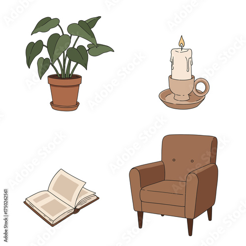 Cozy living room with indoor plants, tea and soft blanket hygge concept