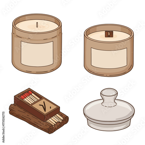 Scented candles and jars cozy minimalist home aromatherapy flatlay in warm neutral tones