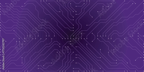 Intricate digital circuit board design with detailed purple pathways and white connection points on a subtle gradient background, symbolizing advanced technology and data networks