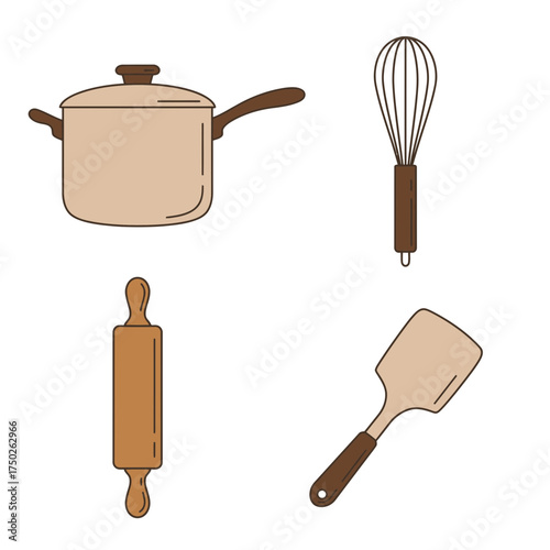 Cooking pot, whisk, and ladle kitchen tools cozy home cooking flatlay illustration aesthetic