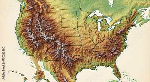 USA Contiguous Relief Map with Topographic Elevation