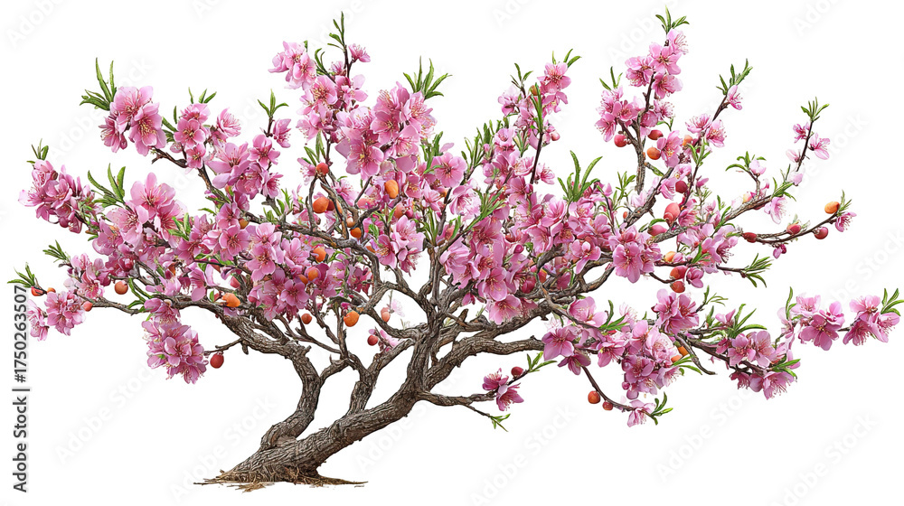 Obraz premium Nectarine Tree with Pink Blossom Bouquet and Small Fruits on Transparent Background