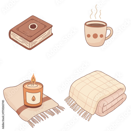 Cozy bedding and tea cup illustration symbolizing comfort, rest and peaceful autumn nights