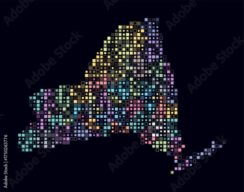 New York, shape of the state build of colored cells. Digital style map of the New York on dark background. Small size square blocks. Creative vector illustration.