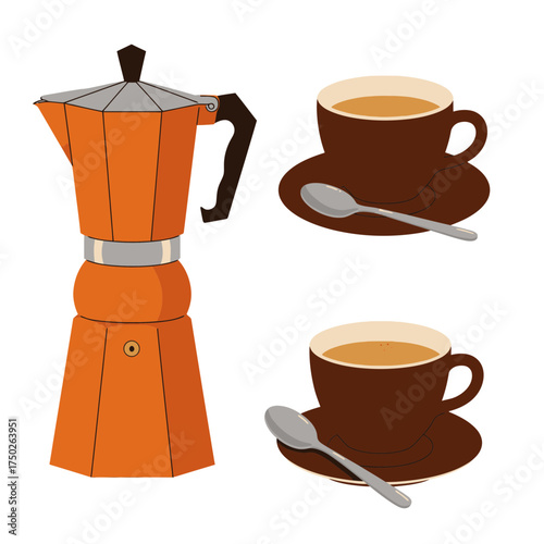 Moka pot and espresso cup coffee illustration for vintage Italian cafe vibe