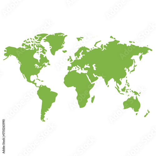 Green world map illustration showing continents and landmasses against a white background, representing global geography.
