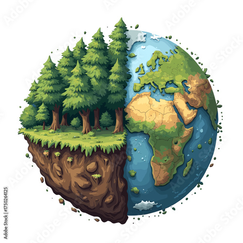 A vibrant illustration depicting a cross-section of the Earth, showcasing a lush forest ecosystem on one side and continents with oceans on the other