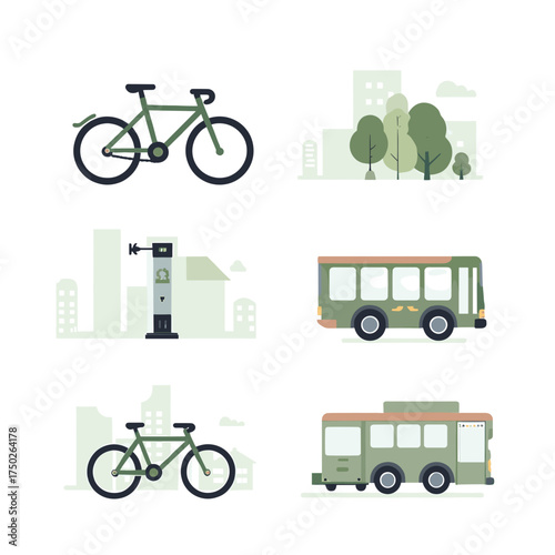 Vector illustration of various modes of transportation, including bikes and buses, in an urban setting.