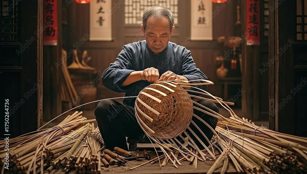An older man weaving a basket using bamboo and simple tools in a traditional indoor setting