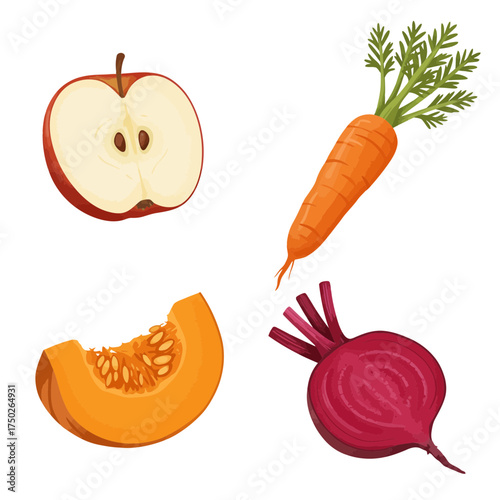 Apple, carrot and beetroot healthy organic vegetable vector for fresh food illustration