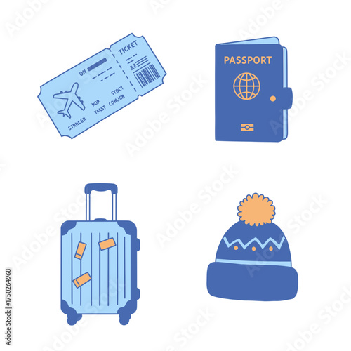 Blue luggage and passport icons for travel, tourism and holiday trip vector concept