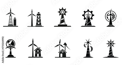 Wind Turbine Silhouette Icon Set Renewable Energy, Eco Power, and Green Electricity Vectors