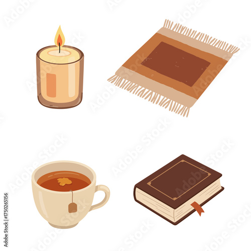 Candle, book and coffee flat lay for relaxing evening self-care and cozy lifestyle design