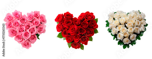 Romantic heart-shaped pink, red, and white rose arrangements for celebrations and decor