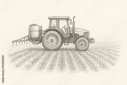 Pencil sketch illustration of tractor spraying crops in a cultivated field   
