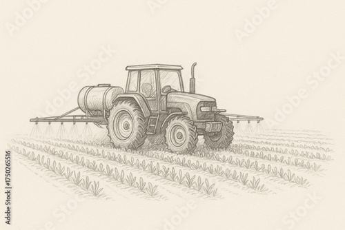 Pencil sketch illustration of tractor spraying crops in a cultivated field   