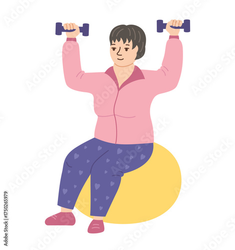 Elderly women doing sports exercises with dumbbells on fit ball. Health exercise adult lady senora on rehabilitation. Characters old lady therapeutic fitness gymnastic yoga class Pilates vector design