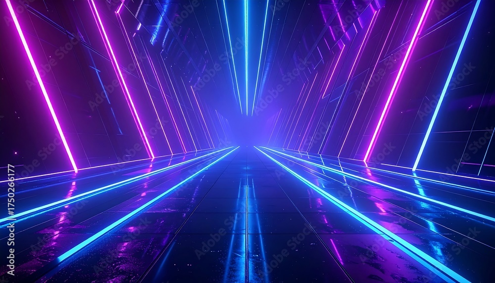 Fototapeta premium Abstract geometric tunnel with neon lights in blue and pink, creating a futuristic and vibrant perspective.