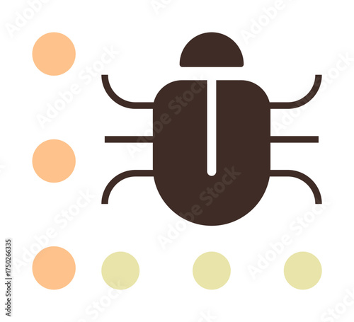 Simplistic image of a beetle icon surrounded by orange and green dots, symbolizing nature, balance, and design. Ideal for nature, ecology, insects, biodiversity, balance minimalism and educational